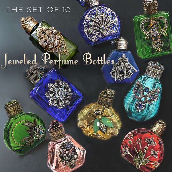Perfume Bottle Collection, Vintage Perfume,  Essential Oil bottles, Mini Perfume, Scent Bottle, Art Deco, Jeweled Czech Glass Bottles SET