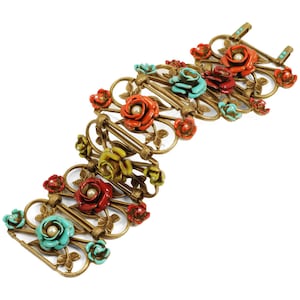 Enamel Roses Link Bracelet, Colorful Southwest Bracelet, 1960s Statement Bracelet, Large bracelet,  BR818