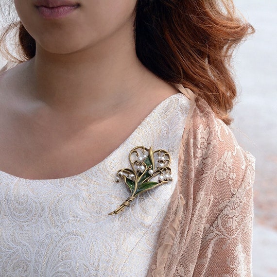 Lily of the Valley Brooch, Pearl Jewelry, Art Nouveau
