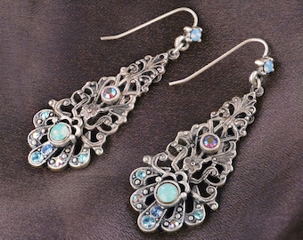 Silver Filigree Dangle Earrings: Vintage Victorian Swarovski Crystal