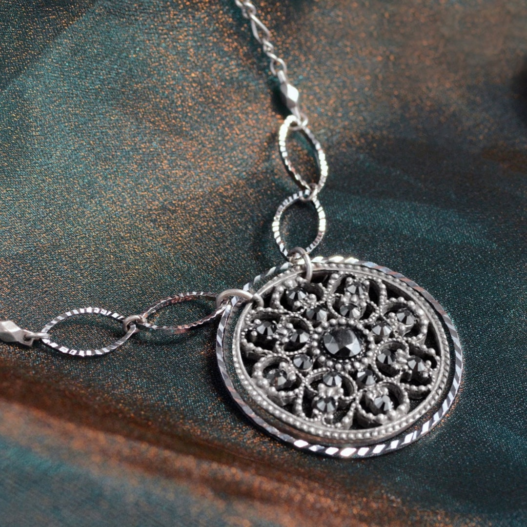 Victorian Silver Necklace, Round Gothic Pendant Necklace, Delicate Silver Pendant, Rose Window