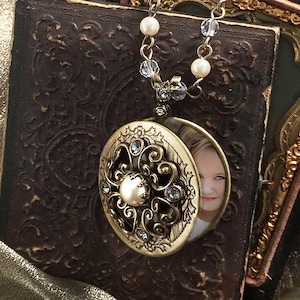 Bronze Pearl Locket Necklace: Vintage Filigree Crystal Keepsake