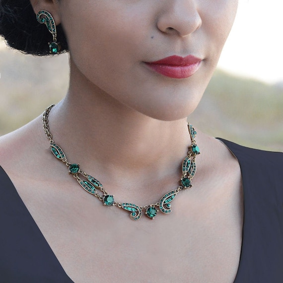 Emerald Green Art Deco Necklace Crystal Necklace Garnet Necklace Sapphire Necklace Vintage Necklace Statement Necklace N1616 Etsy