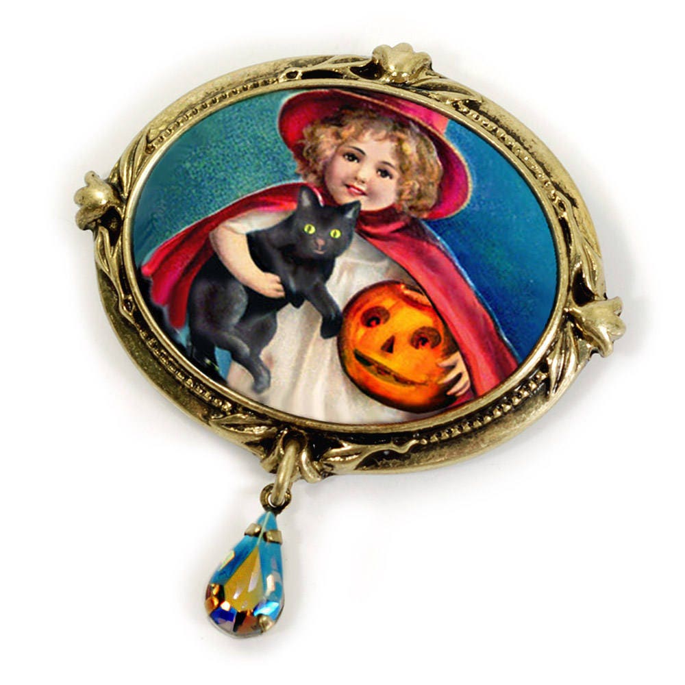 Vintage Halloween Witch Pin: Enamel Crystal Teardrop Brooch - Etsy