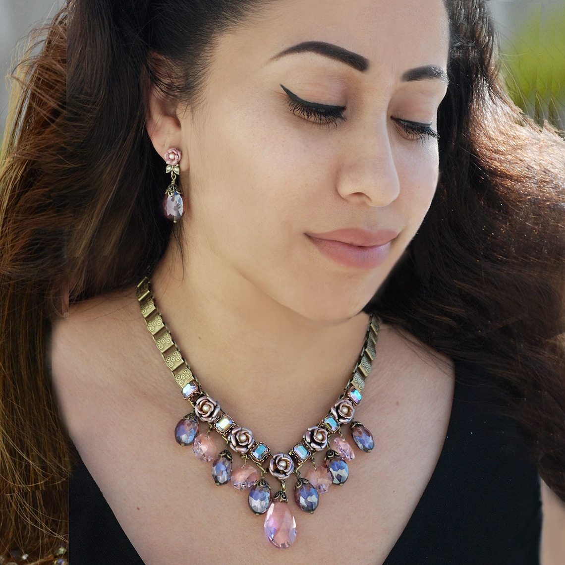 Crystal Necklace Rose Necklace Flower Necklace Rose Etsy