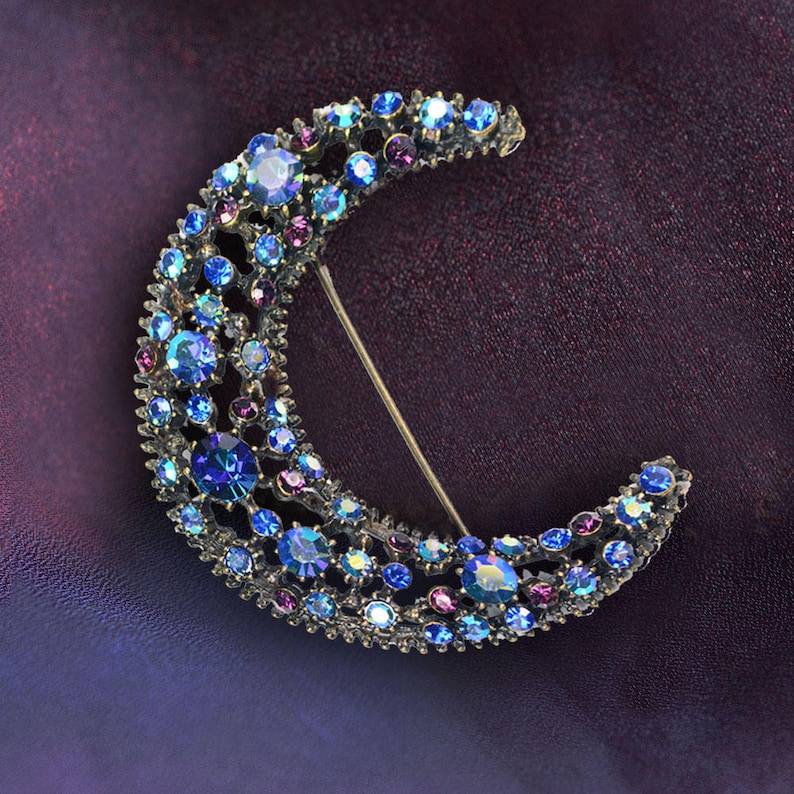 Blue Moon Brooch, Crystal Moon Pin, Statement Moon Jewelry, Moon Earrings, Large Vintage Brooch, Celestial Lunar Jewelry image 2