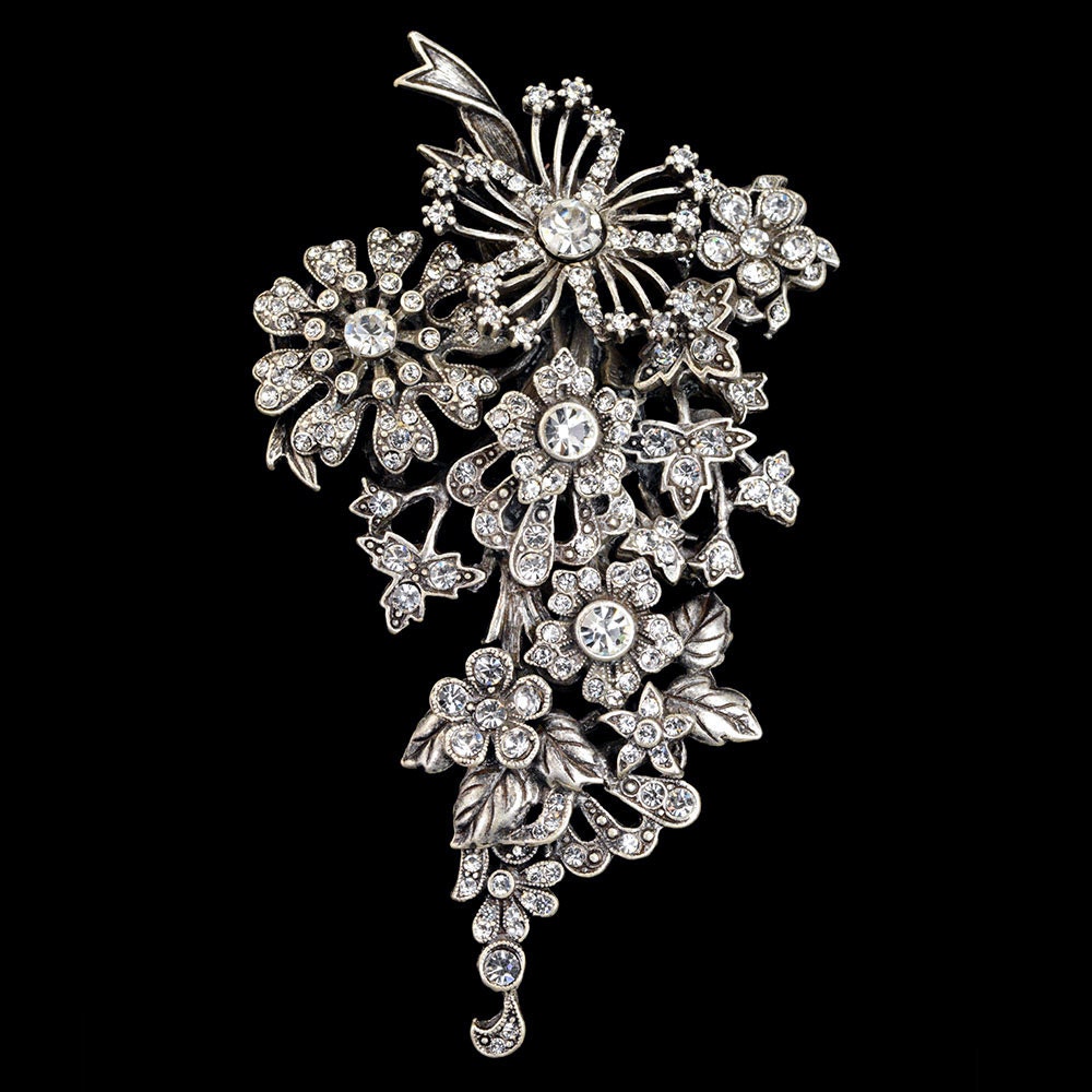 Victorian Flower Corsage Brooch - Silver Tone With Clear Crystals, 55mm, Lapel Pin - View #5