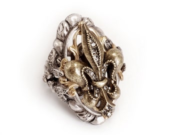 Anillo vintage de flor de lis: plata bruñida y bronce, banda ajustable