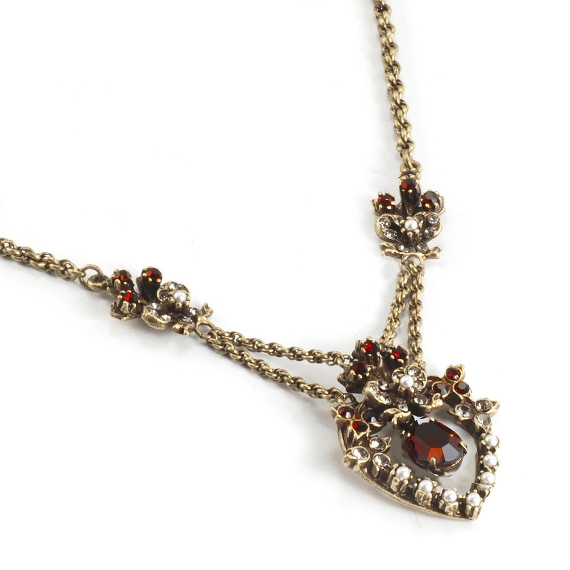 Victorian Heart Necklace: Garnet Crystal, Pearl, Burnished Bronze - Etsy