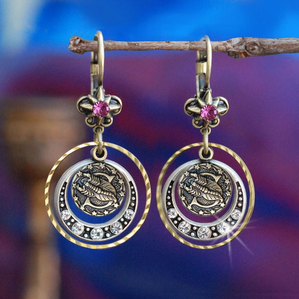 Zodiac Sign Earrings: Bronze Charm, Silver Crystal Halo