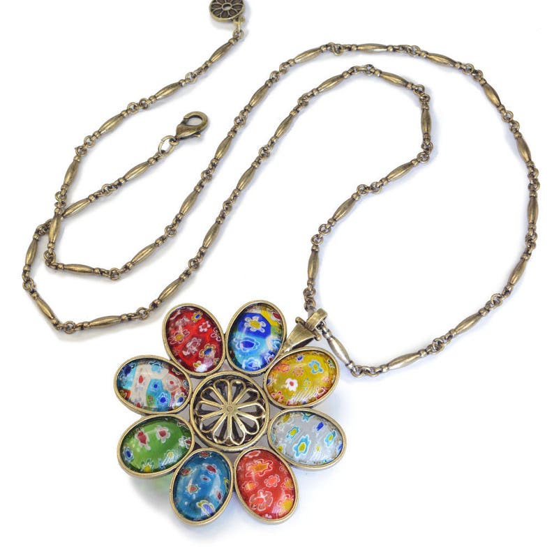 Millefiori Glass Flower Necklace Murano Glass Rainbow Etsy
