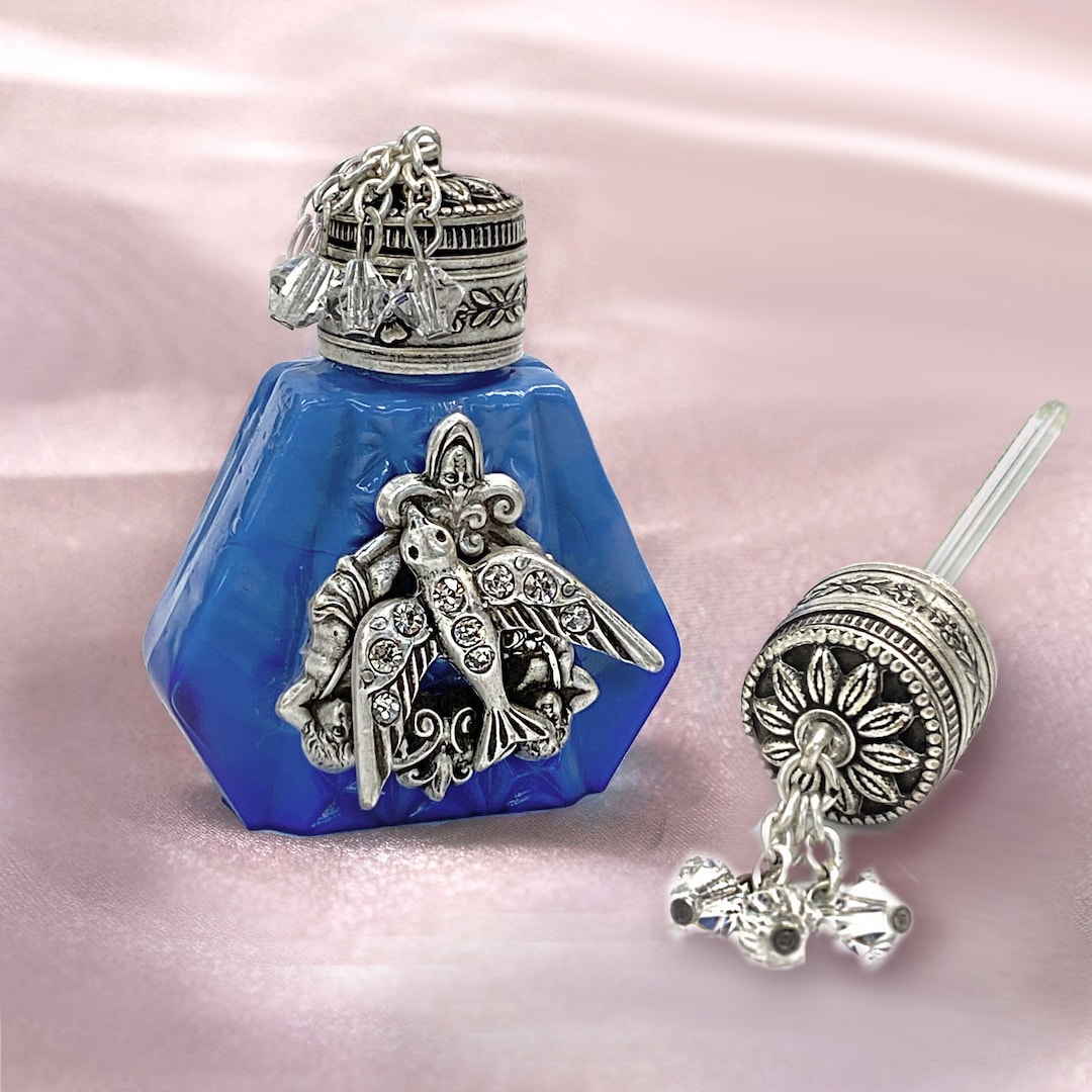Blue Vintage Perfume Bottle With Silver Swallow Bird, Essential Oil