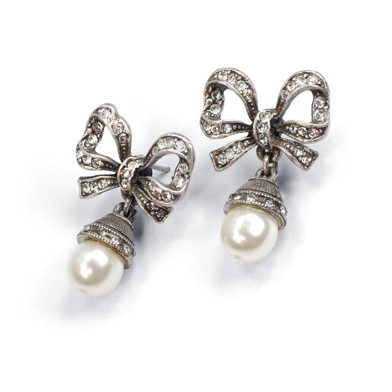 Bow Earrings Pearl Bow Silver Bow Earrings Ribbon Earrings Etsy