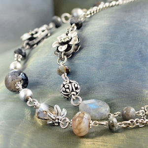 Agate Labradorite Bead Necklace: Long Gemstone Silver Chain