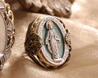 Queen of Miracles Virgin Mary Ring, Our Lady, Religious Jewelry, Catholic Jewelry, Madonna Ring, Catholic Gift, Antique Ring R900