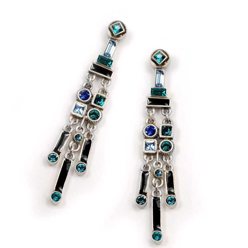Art Deco Waterfall Earrings, Deco Jewelry, Long Earrings, Silver Earrings, Blue Crystal Earrings, Gatsby Jewelry, 1920s Flapper Jewelry E782 image 2