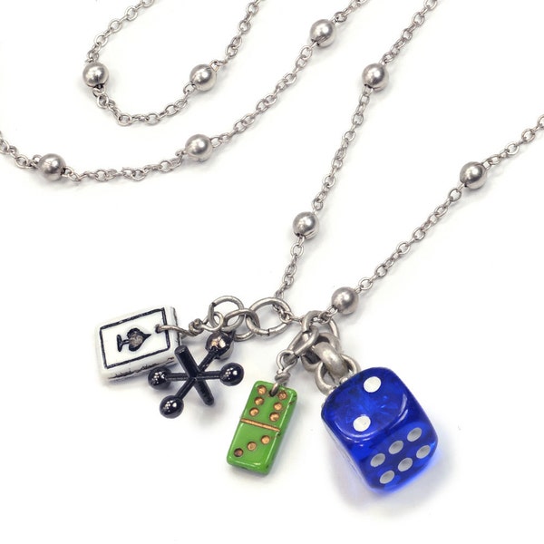 Games of Chance Charm Necklace, Lucky Necklace, Game Pieces, Dice Necklace, Dominoes, Domino, Playing Card, Jack, Gambling Gift N319