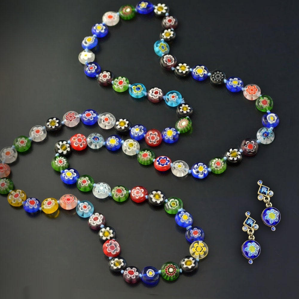 Millefiori Glass Round Knotted Beads Necklace, Millefiori Necklace, Long Beaded Necklace, Rainbow Necklace, Boho Jewelry, N1475