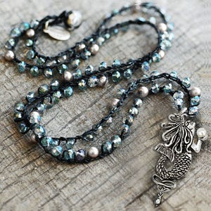 Mermaid Necklace, Mermaid Jewelry, Silver Mermaid, Ocean Necklace, Beach Jewelry, Beaded Necklace, Mermaid Charm, Crochet Necklace N1551
