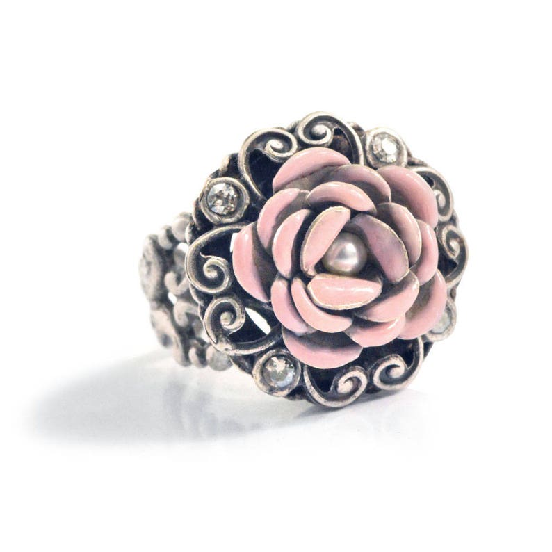 Pink Enamel Rose Ring, Shabby chic Flower Ring, Silver Rose Ring, Bridesmaids Jewelry, Cancer awareness Gift Ring R531 image 3