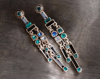 Art Deco Waterfall Earrings, Deco Jewelry, Long Earrings, Silver Earrings, Blue Crystal Earrings, Gatsby Jewelry, 1920s Flapper Jewelry E782