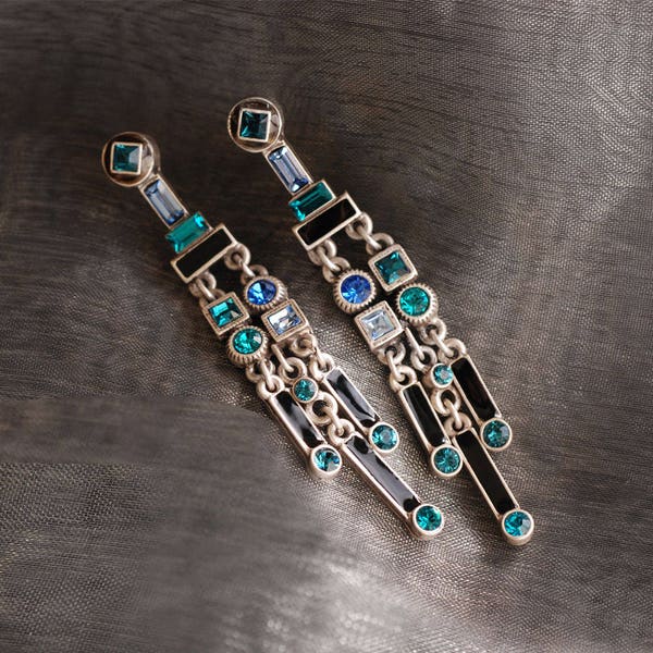 Art Deco Waterfall Earrings, Deco Jewelry, Long Earrings, Silver Earrings, Blue Crystal Earrings, Gatsby Jewelry, 1920s Flapper Jewelry E782