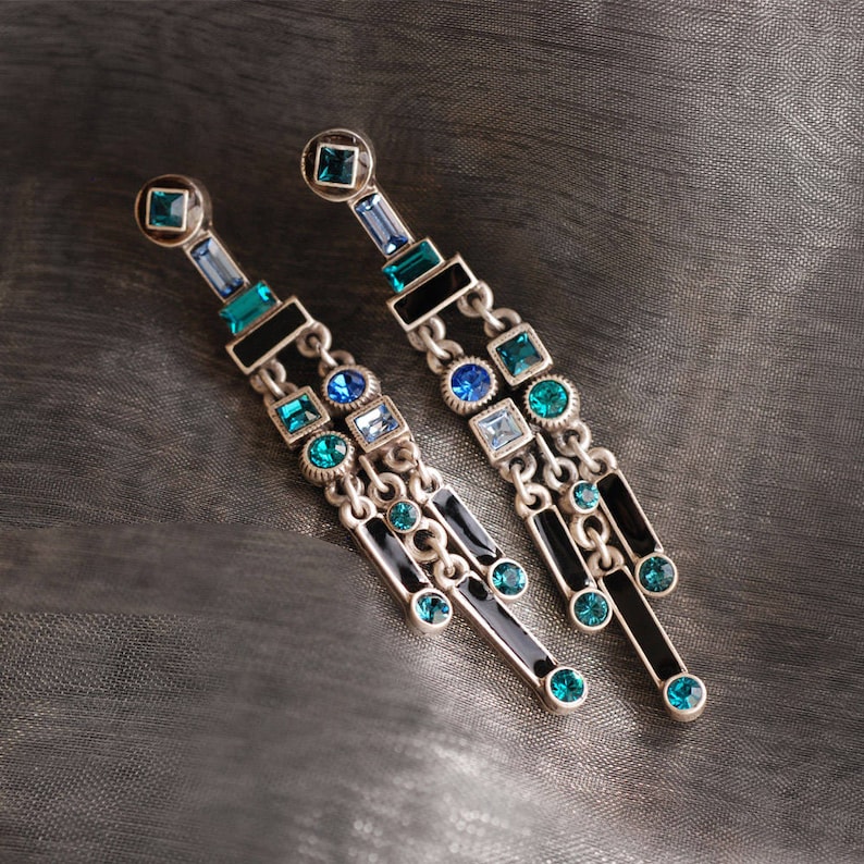 Art Deco Waterfall Earrings, Deco Jewelry, Long Earrings, Silver Earrings, Blue Crystal Earrings, Gatsby Jewelry, 1920s Flapper Jewelry E782 image 1