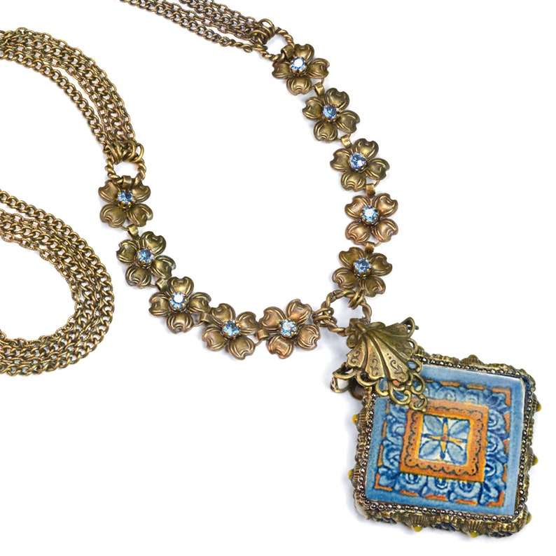 Talavera Tile Flower Necklace, Tile Necklace, Boho Necklace, Vintage Necklace, Flower Jewelry, Mexican Tile Pendant N1498 Sky Blue