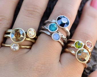 Crystal Stacking Rings Set: Boho Gold & Silver Rings