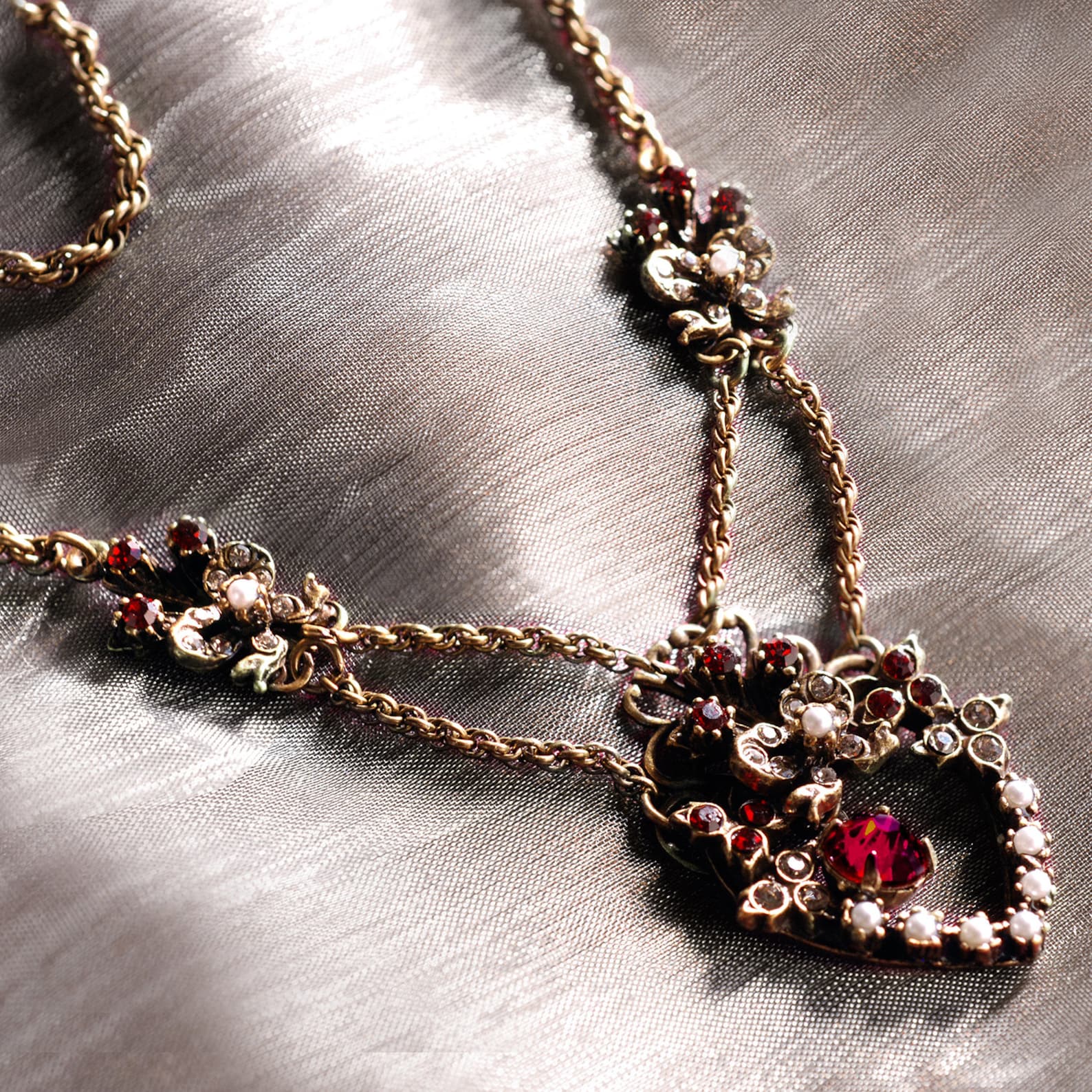 Victorian Heart Necklace: Garnet Crystal, Pearl, Burnished Bronze - Etsy