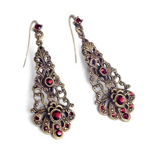 Garnet Vintage Long Earrrings, Filigree Victorian Gothic Ruby Red Crystal  Earrings E1373-GA