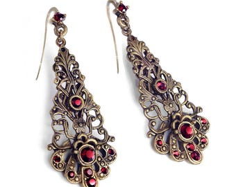Garnet Vintage Long Earrrings, Filigree Victorian Gothic Ruby Red Crystal  Earrings E1373-GA