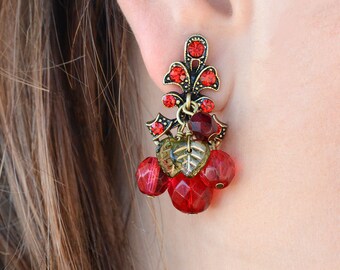 Glass Cherry Earrings: Red Crystal Fruit, Pin Up Style