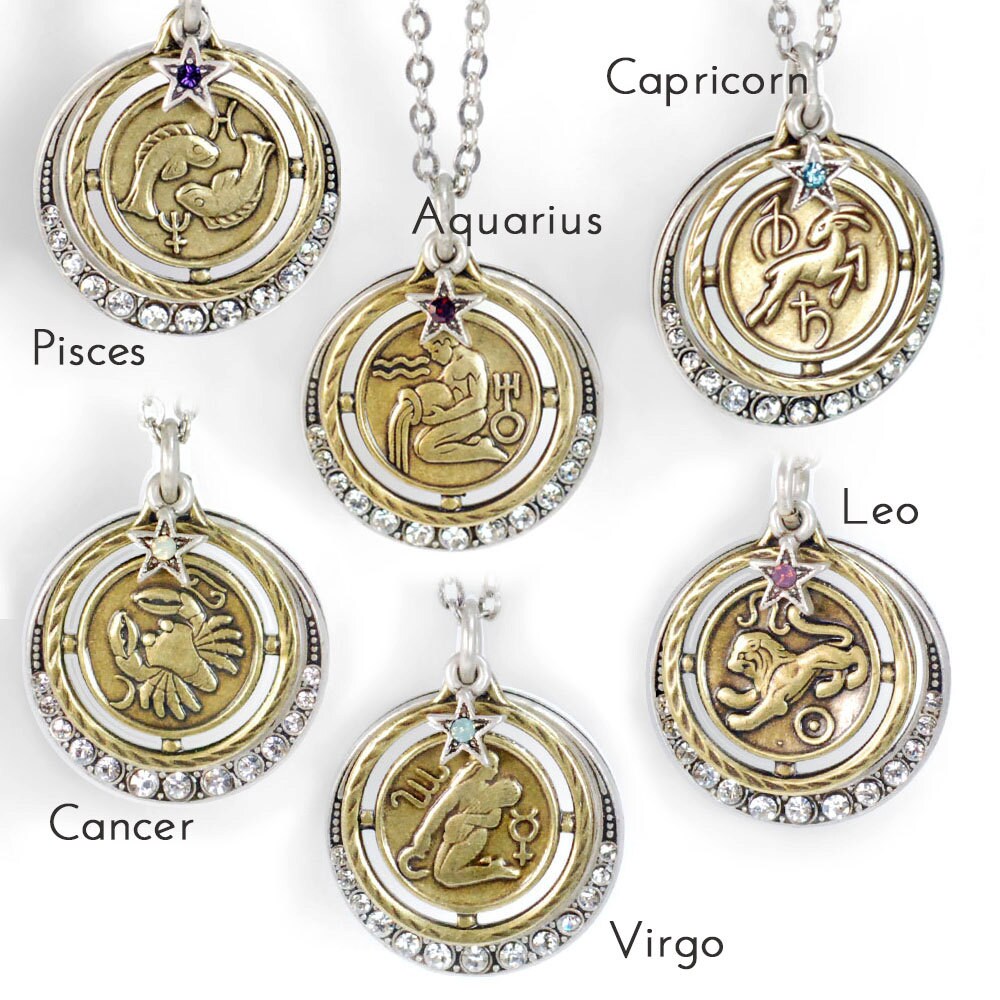 Zodiac Sign Necklace Bronze Astrology Pendant With Crystal Halo Etsy