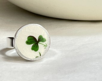Irish shamrock ring, broken china jewellery, adjustable silver ring, gift for Irish friend, vintage china jewellery, Irish jewellery