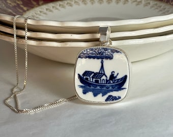 Willow pattern broken china jewellery blue and white china, vintage china, wedding anniversary gift, silver boat pendant