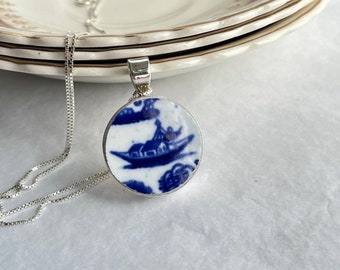 Wedding anniversary gift, 20th wedding, JH Weatherby blue and white china, willow pattern broken china jewellery, vintage china,