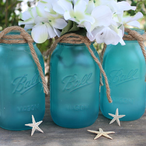 Set of 3 Sea glass mason jars Beach bridal shower centerpieces  Coastal wedding decor Beach themed decor