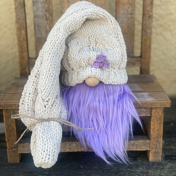 Sitting lavender gnome, Spring gnomes, Purple flower gnomes, Tier tray gnomes, Spring gift ideas, Handmade gnomes