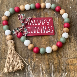 Merry Christmas bead garland, Christmas tiered tray garland, Wood bead garlands, Christmas beads