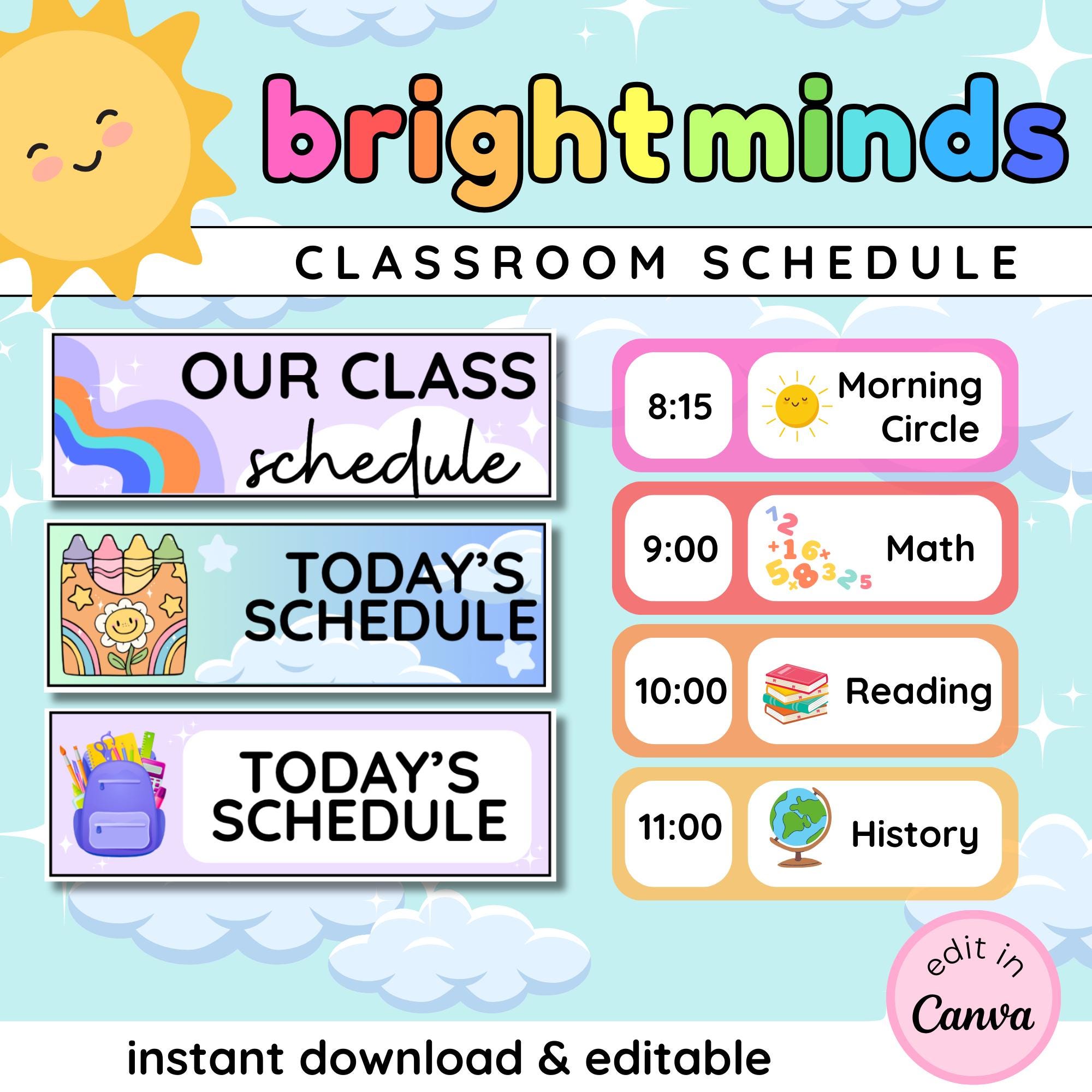 Editable Classroom Schedule | Bright Minds Canva Printable | PDF ...