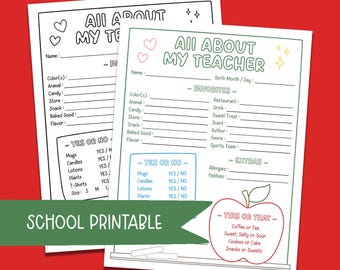 All About My Teacher Printable Questionnaire | Appreciation Gift (Digital Download)