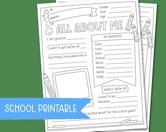 All About Me School Printable | Kids Questionnaire, Keepsake (PDF)