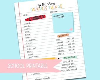 Teacher's Appreciation Printable | Favorite Things Questionnaire (Digital Download)