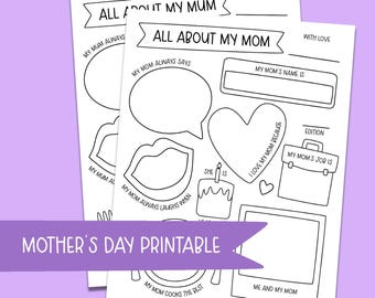 All About Mom Printable | Kids Mother's Day Questionnaire | Colorable Drawing Page (Instant Download)
