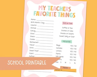 Teacher's Favorite Things Printable Questionnaire | Appreciation Gift (Digital Download)