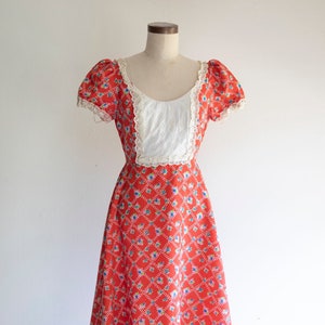 1970s Red Calico Vintage Gunne Sax style prairie dress with lace detail and trim / bright red floral print maxi dress / batsheva style