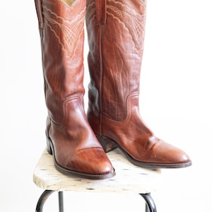 Vintage Embroidered Frye Leather Boot 1970s Extra tall Boot / Mens 10 Womens 11.5 Western Vintage pull on boot Motorcycle Brown Leather Shoe