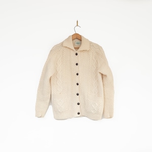 Vintage M Fisherman Style Cable Knit wool Cardigan button up Irish Knit Flannery made in Ireland Hand knit Sweater shacket knot button med
