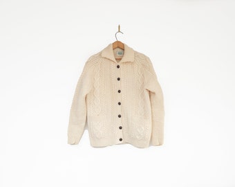 Vintage Hand Knit Irish Wool Cardigan: Fisherman Cable Knit Sweater